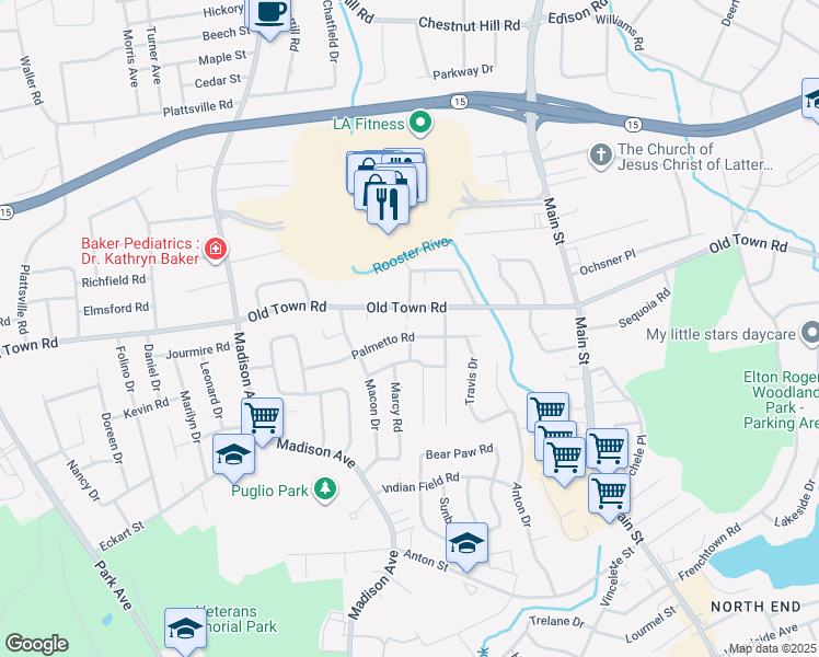 map of restaurants, bars, coffee shops, grocery stores, and more near 3015 Old Town Road in Bridgeport