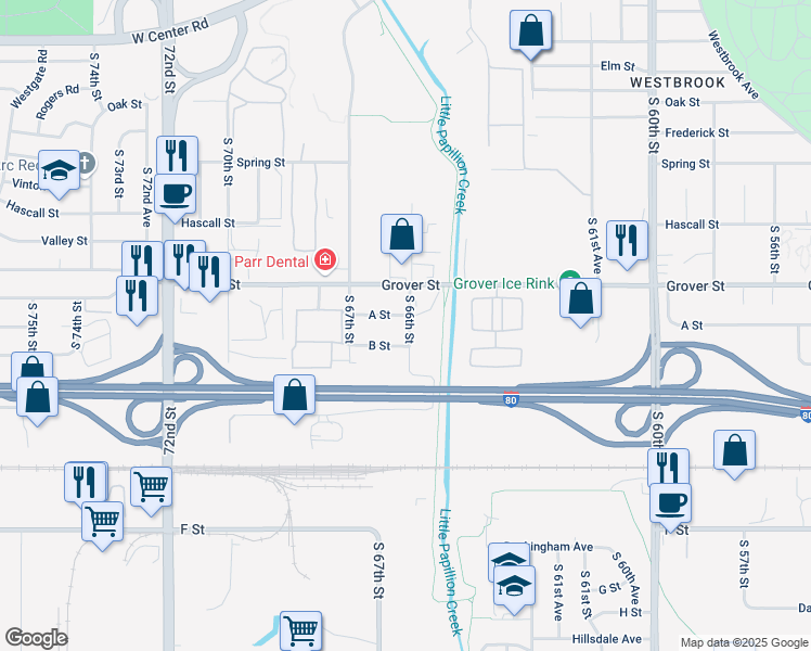 map of restaurants, bars, coffee shops, grocery stores, and more near 6613 A Street in Omaha