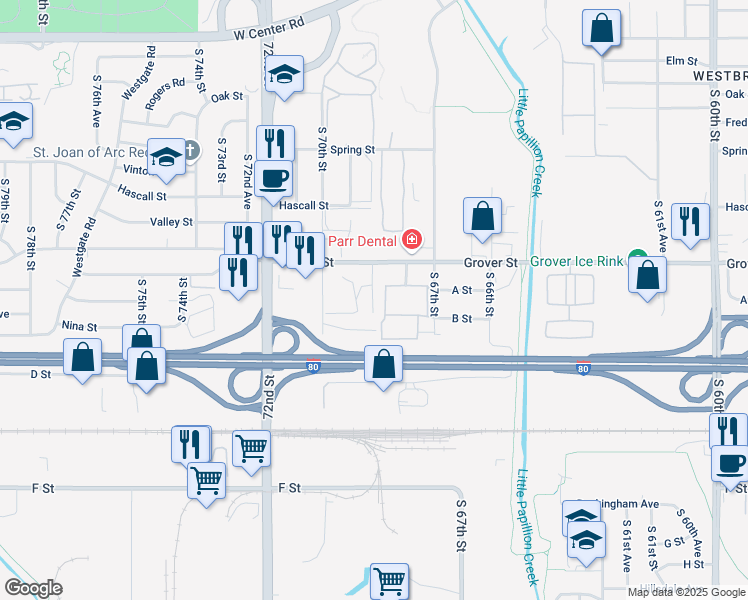 map of restaurants, bars, coffee shops, grocery stores, and more near 3608 South 69th Plaza in Omaha