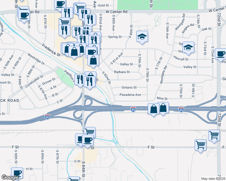 map of restaurants, bars, coffee shops, grocery stores, and more near 3603 South 82nd Street in Omaha