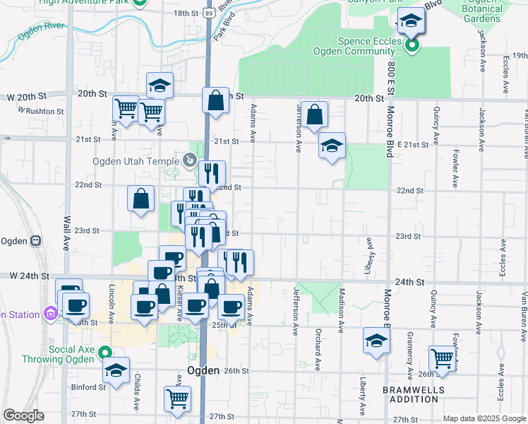 map of restaurants, bars, coffee shops, grocery stores, and more near 2240 Adams Avenue in Ogden