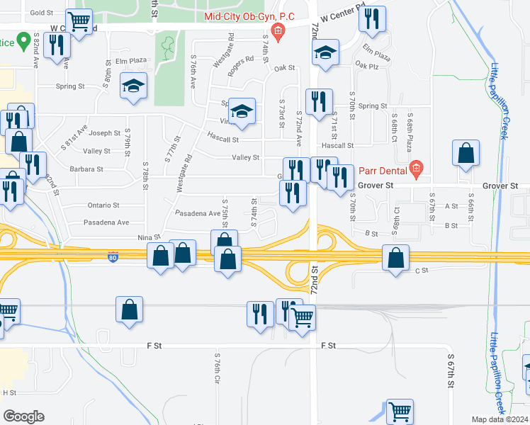 map of restaurants, bars, coffee shops, grocery stores, and more near 3703 South 74th Street in Omaha