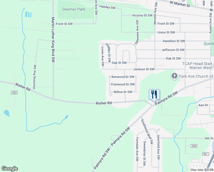 map of restaurants, bars, coffee shops, grocery stores, and more near 1006 Woodview Avenue Southwest in Warren
