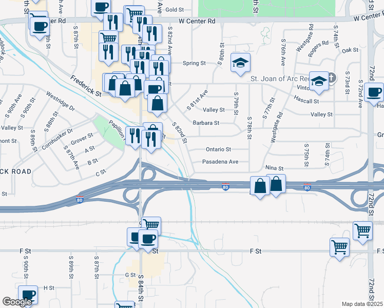 map of restaurants, bars, coffee shops, grocery stores, and more near 3605 South 82nd Street in Omaha