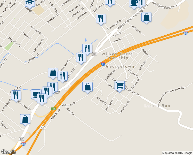map of restaurants, bars, coffee shops, grocery stores, and more near 696 Metcalf St in Wilkes-Barre Township