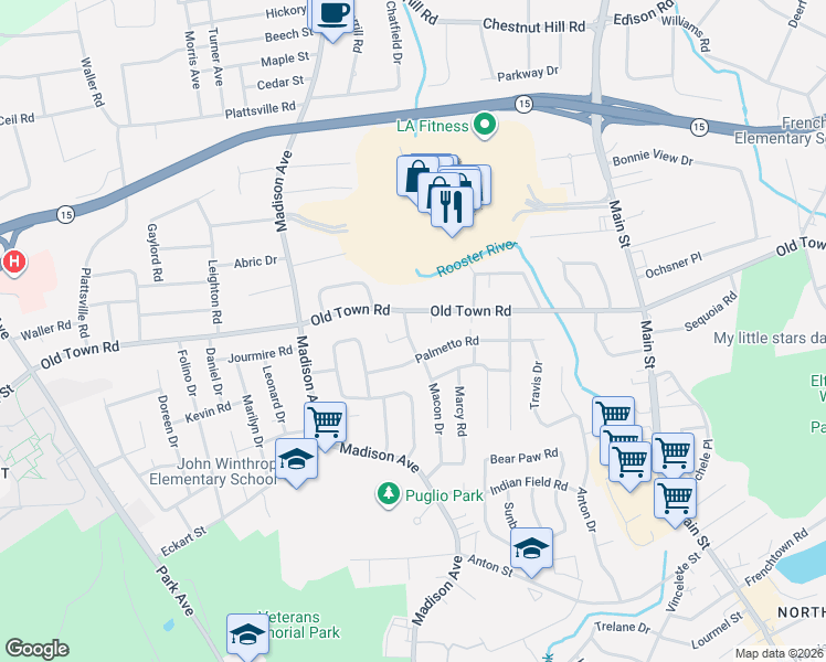 map of restaurants, bars, coffee shops, grocery stores, and more near 3105A Old Town Road in Bridgeport