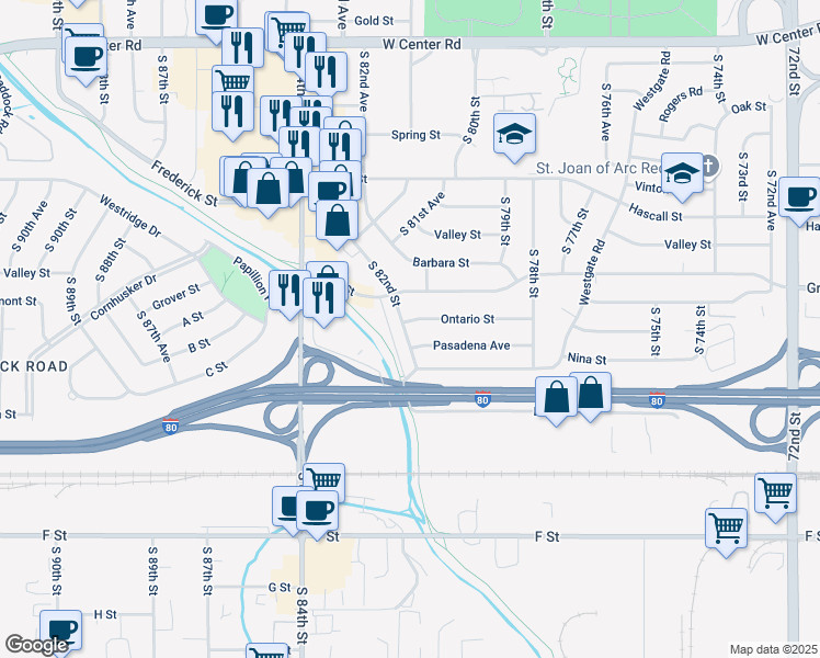 map of restaurants, bars, coffee shops, grocery stores, and more near 3603 South 82nd Street in Omaha