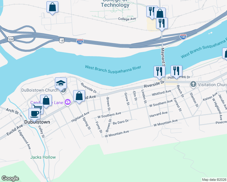 map of restaurants, bars, coffee shops, grocery stores, and more near 2346 Riverside Drive in South Williamsport