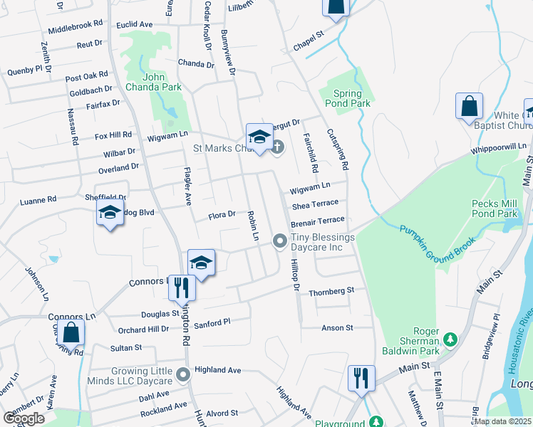 map of restaurants, bars, coffee shops, grocery stores, and more near 696 Chickadee Lane in Stratford