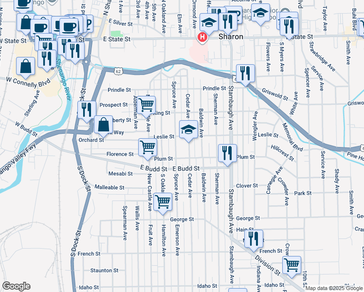map of restaurants, bars, coffee shops, grocery stores, and more near 500 Cedar Avenue in Sharon