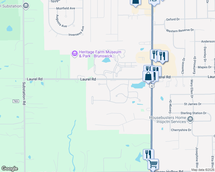 map of restaurants, bars, coffee shops, grocery stores, and more near 1815 Avenbury Ln in Brunswick
