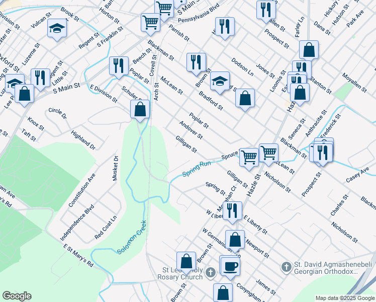 map of restaurants, bars, coffee shops, grocery stores, and more near 91 Gilligan Street in Wilkes-Barre