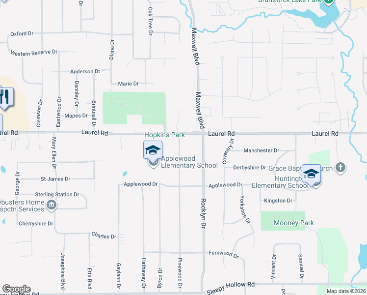 map of restaurants, bars, coffee shops, grocery stores, and more near 1821 Pinewood Drive in Brunswick