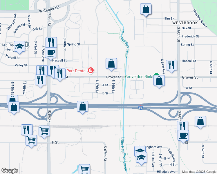 map of restaurants, bars, coffee shops, grocery stores, and more near 6613 A Street in Omaha
