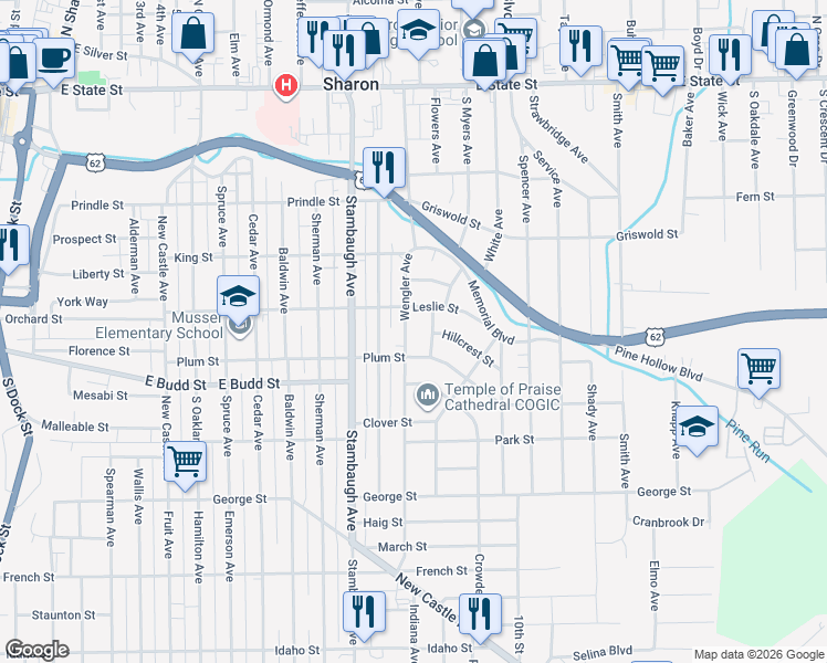 map of restaurants, bars, coffee shops, grocery stores, and more near 519 Wengler Avenue in Sharon