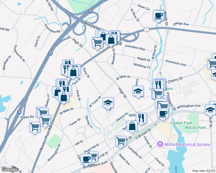 map of restaurants, bars, coffee shops, grocery stores, and more near 174 West Main Street in Milford