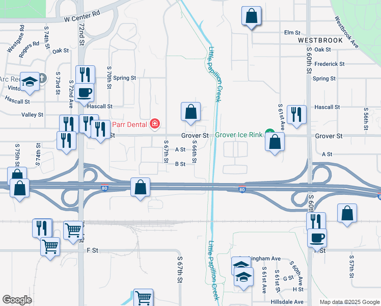 map of restaurants, bars, coffee shops, grocery stores, and more near 6613 A Street in Omaha