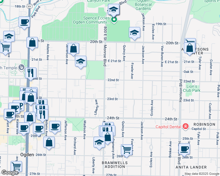 map of restaurants, bars, coffee shops, grocery stores, and more near 2234 Monroe Boulevard in Ogden