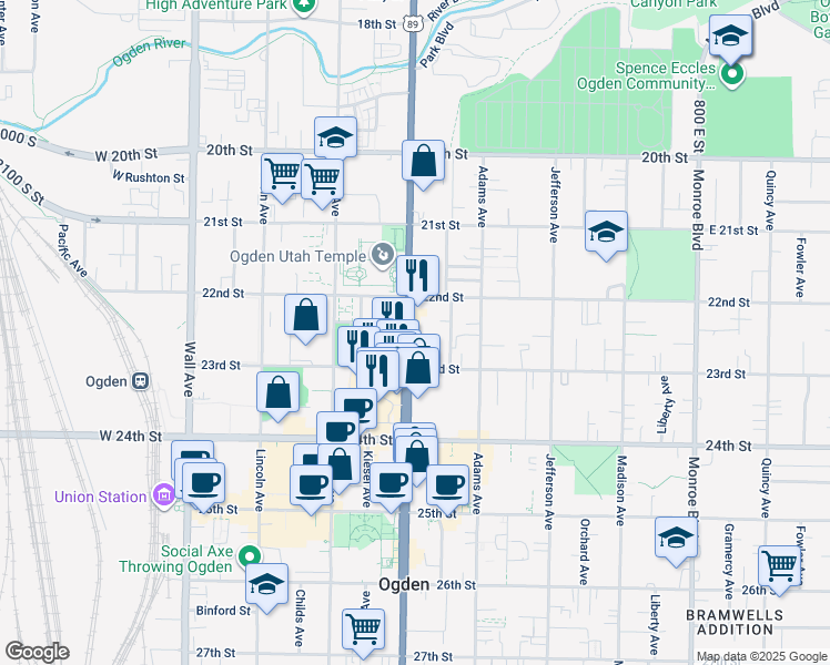 map of restaurants, bars, coffee shops, grocery stores, and more near 2240 Washington Boulevard in Ogden