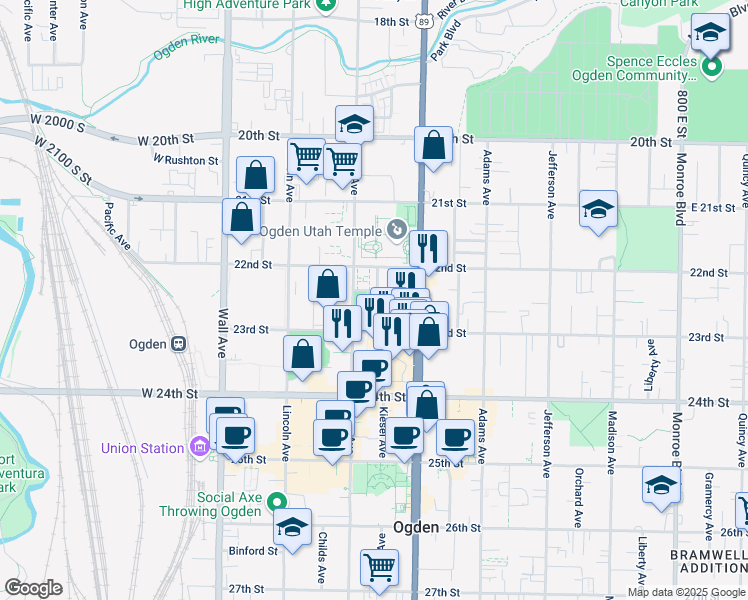 map of restaurants, bars, coffee shops, grocery stores, and more near 339 Grant Avenue in Ogden
