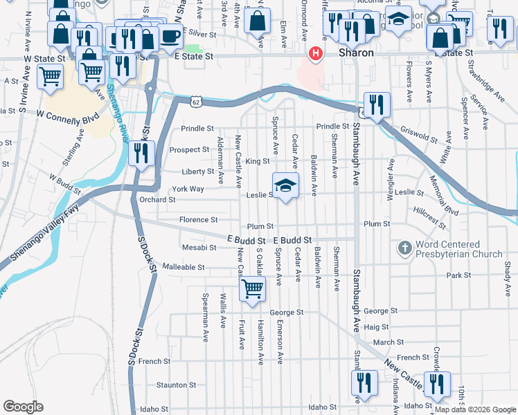 map of restaurants, bars, coffee shops, grocery stores, and more near 499 South Oakland Avenue in Sharon