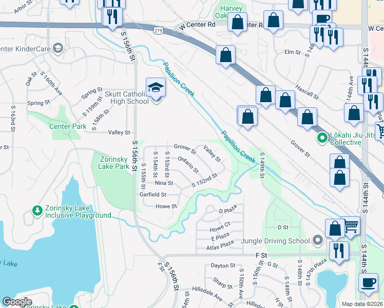map of restaurants, bars, coffee shops, grocery stores, and more near 15247 Grover Street in Omaha