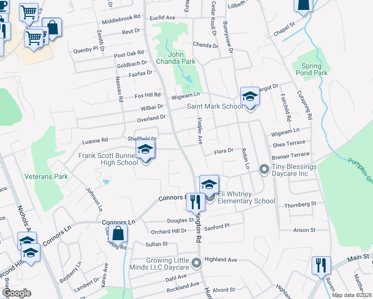 map of restaurants, bars, coffee shops, grocery stores, and more near 45 Biscayne Drive in Stratford