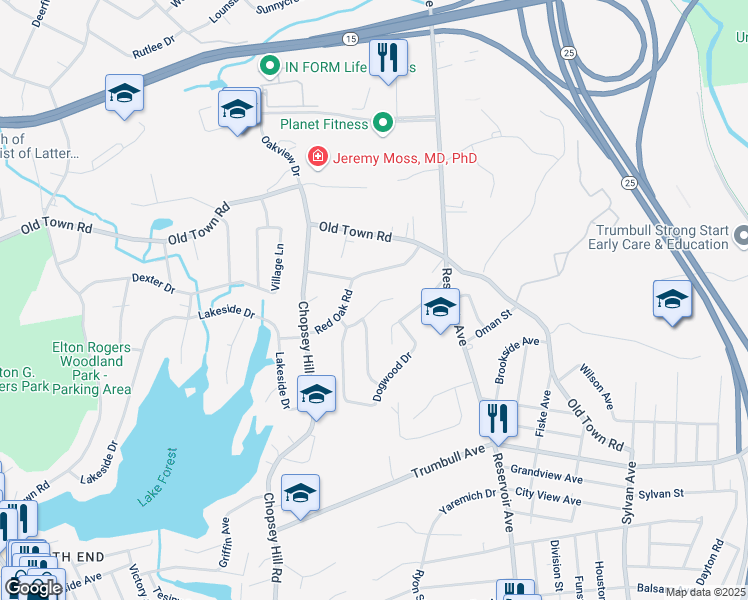map of restaurants, bars, coffee shops, grocery stores, and more near 95 Grey Rock Road in Bridgeport