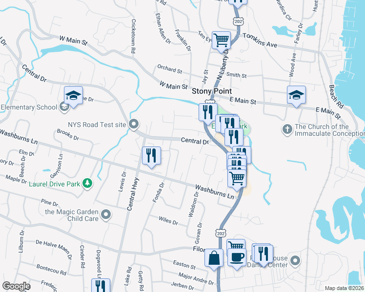 map of restaurants, bars, coffee shops, grocery stores, and more near 44 New York 210 in Stony Point