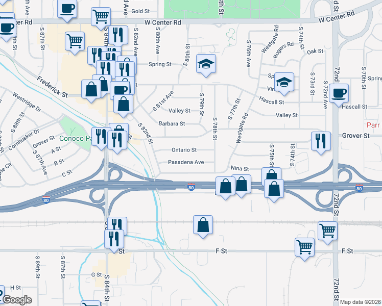 map of restaurants, bars, coffee shops, grocery stores, and more near 7907 Ontario Street in Omaha