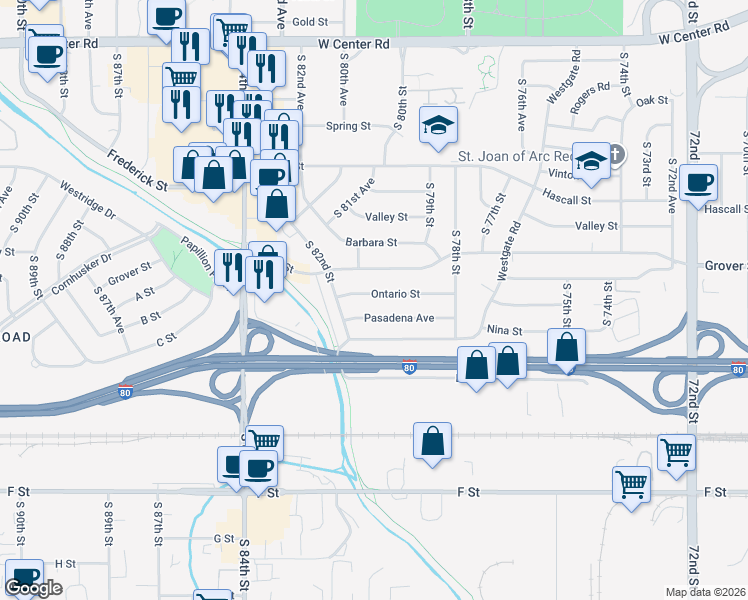 map of restaurants, bars, coffee shops, grocery stores, and more near 8007 Ontario Street in Omaha