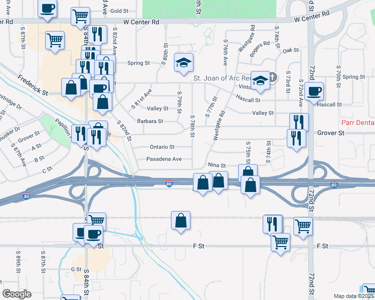 map of restaurants, bars, coffee shops, grocery stores, and more near 7807 Ontario Street in Omaha