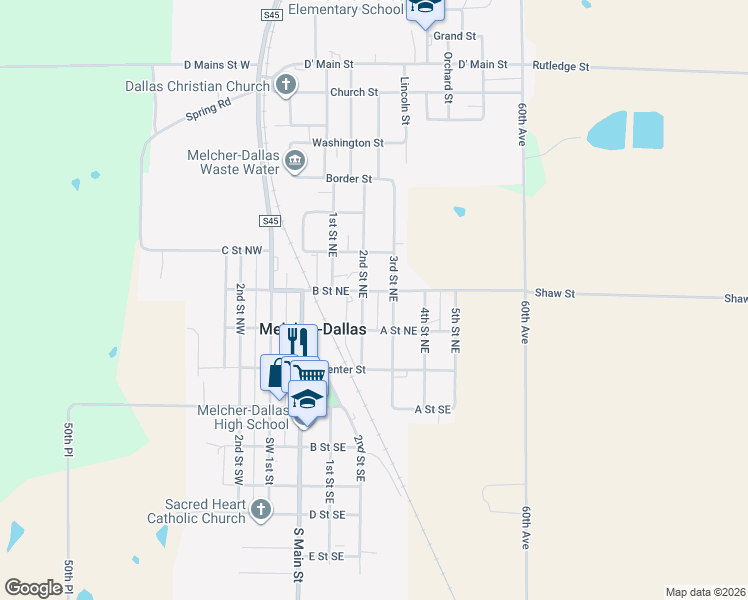 map of restaurants, bars, coffee shops, grocery stores, and more near 214 2nd Street Northeast in Melcher-Dallas
