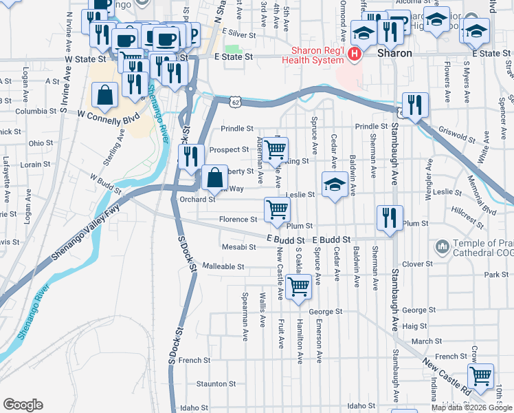 map of restaurants, bars, coffee shops, grocery stores, and more near 382 Orchard Street in Sharon