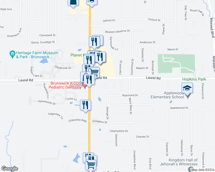 map of restaurants, bars, coffee shops, grocery stores, and more near 1807 Stone Manor Circle in Brunswick