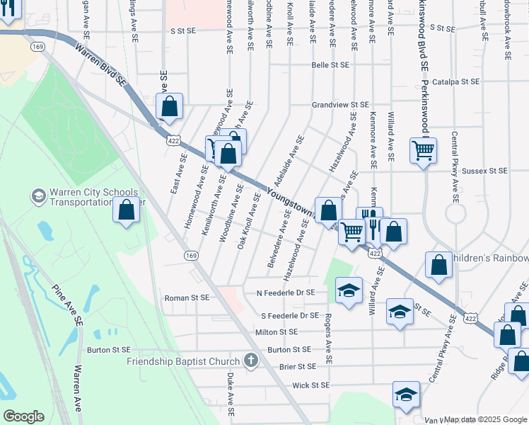 map of restaurants, bars, coffee shops, grocery stores, and more near 1360 Adelaide Avenue Southeast in Warren