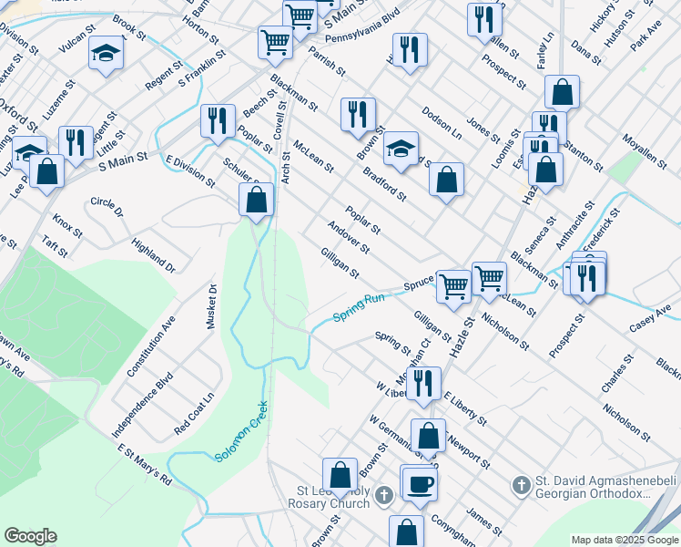 map of restaurants, bars, coffee shops, grocery stores, and more near 87 Gilligan Street in Wilkes-Barre