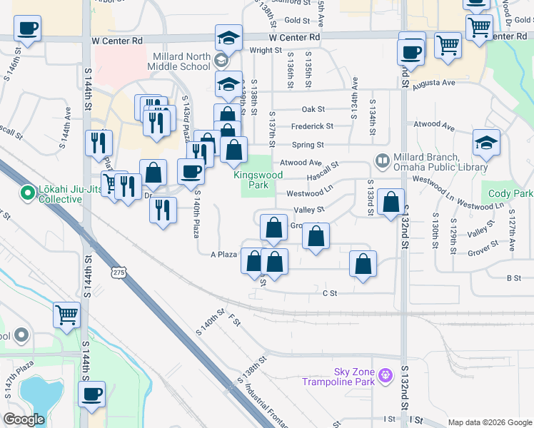 map of restaurants, bars, coffee shops, grocery stores, and more near 13711 Valley Street in Omaha