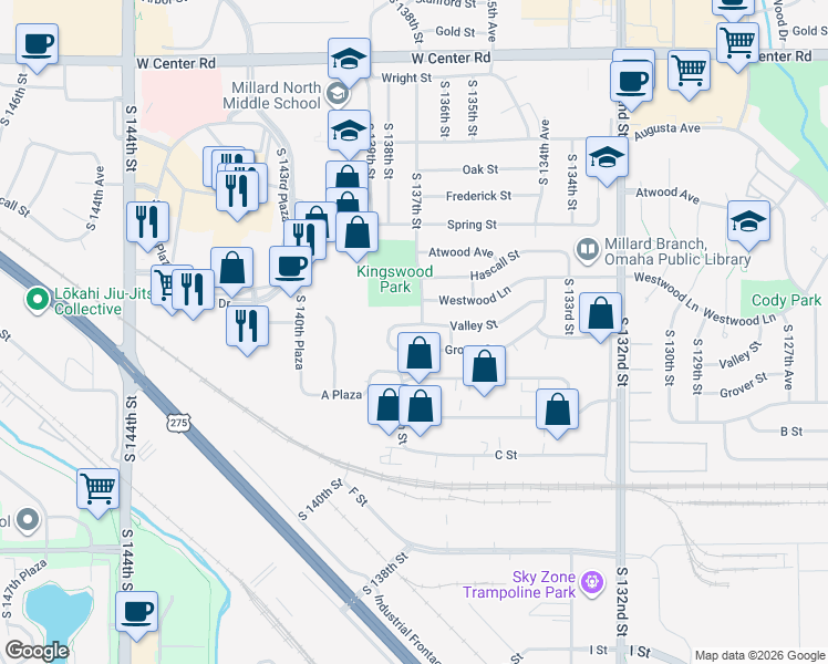 map of restaurants, bars, coffee shops, grocery stores, and more near 13711 Valley Street in Omaha