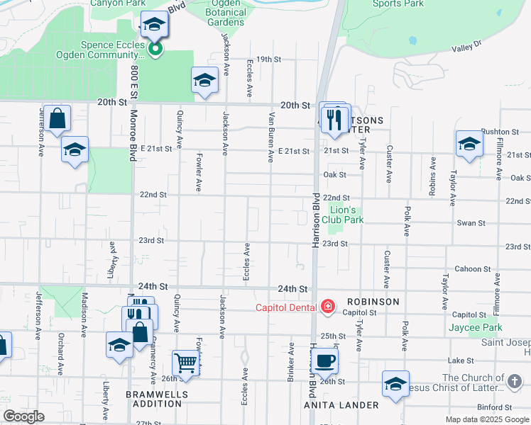 map of restaurants, bars, coffee shops, grocery stores, and more near 2223 Van Buren Avenue in Ogden