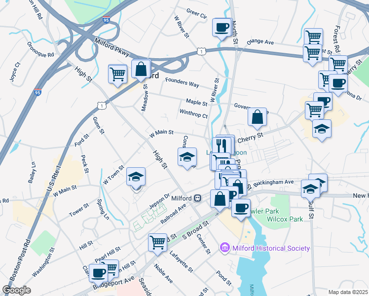map of restaurants, bars, coffee shops, grocery stores, and more near 70 West River Street in Milford