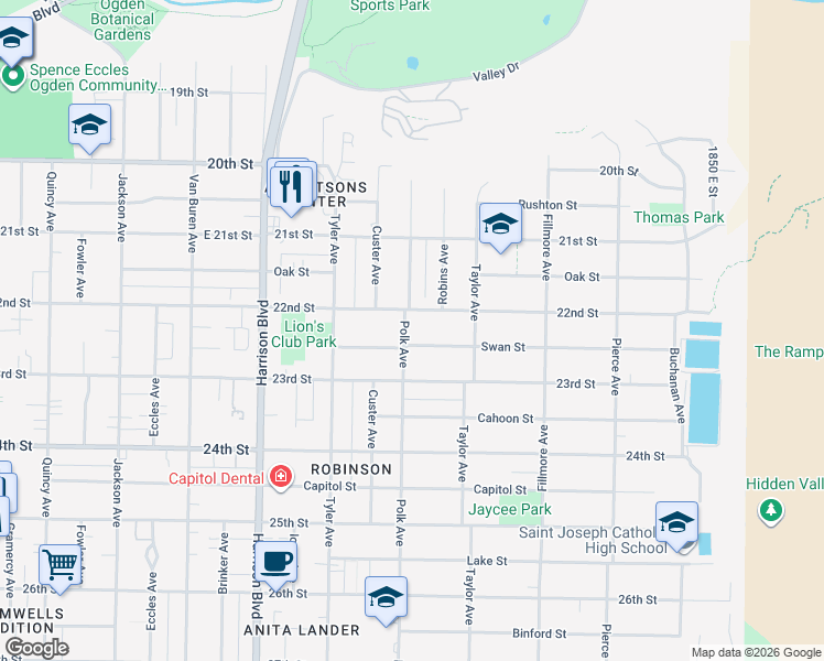 map of restaurants, bars, coffee shops, grocery stores, and more near 2222 Polk Avenue in Ogden