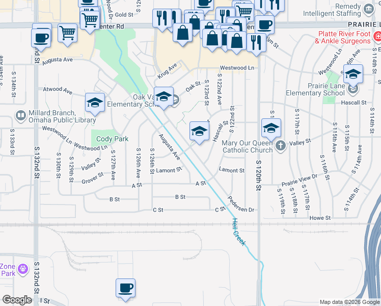 map of restaurants, bars, coffee shops, grocery stores, and more near 3342 Pedersen Drive in Omaha
