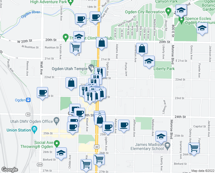 map of restaurants, bars, coffee shops, grocery stores, and more near 2239 Ogden Avenue in Ogden
