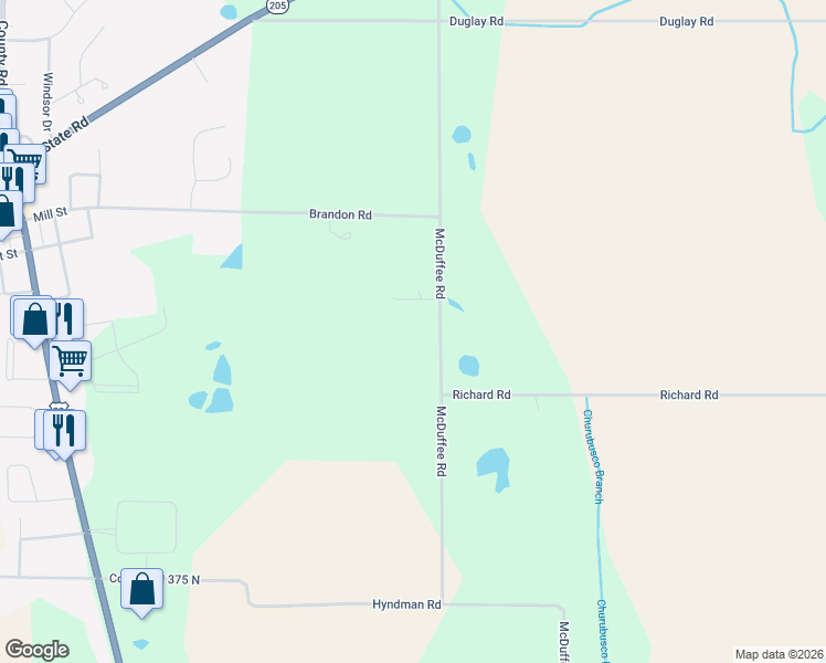 map of restaurants, bars, coffee shops, grocery stores, and more near 15500 McDuffee Road in Churubusco