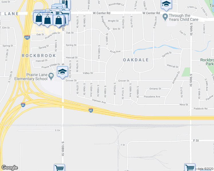 map of restaurants, bars, coffee shops, grocery stores, and more near 3523 South 104th Street in Omaha