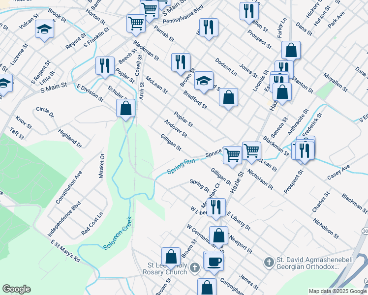 map of restaurants, bars, coffee shops, grocery stores, and more near 88 Gilligan Street in Wilkes-Barre