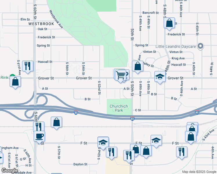 map of restaurants, bars, coffee shops, grocery stores, and more near 3537 South 51st Avenue in Omaha