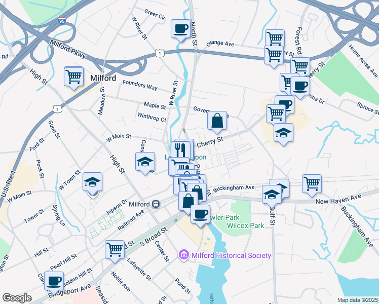 map of restaurants, bars, coffee shops, grocery stores, and more near 253 River Street in Milford