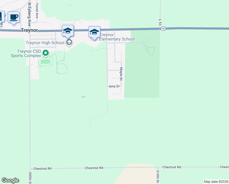 map of restaurants, bars, coffee shops, grocery stores, and more near 418 Maple Drive in Treynor